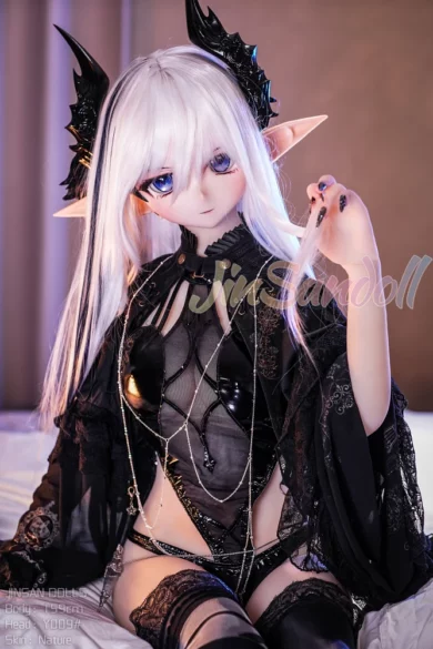 Anime-inspired figure with white hair, dark horns, and detailed black outfit on bed; #Y009 159cm AngelKiss Silicone.