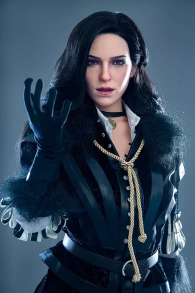 Figure in dark attire with gloves and fur trim, evoking Yennefer GameLady sex doll 168cm A Cup.