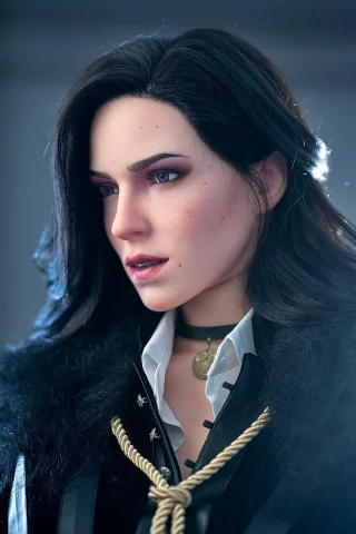 Yennefer 168cm A Cup features long black hair, a white shirt, and a dark fur coat with a gold pendant.