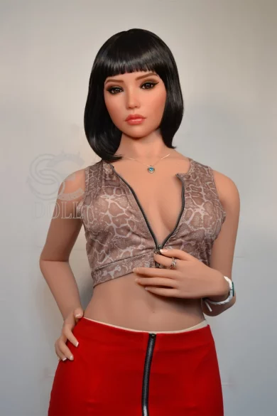 Sylvie 163cm E Cup SE Doll dressed in a patterned top and red skirt with a short black wig