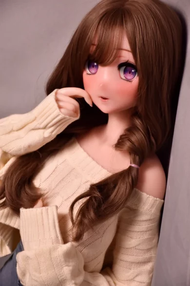 Yokotani Yukiko 148cm ElsaBabe anime-style love doll with long brown hair, purple eyes, and an off-shoulder cream sweater