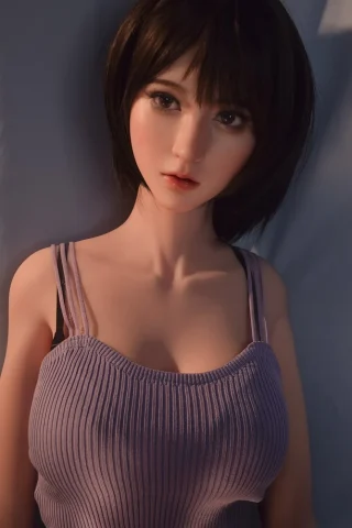 Hirosue Yuko 165cm doll wearing a purple ribbed top, with short dark hair and a neutral expression.