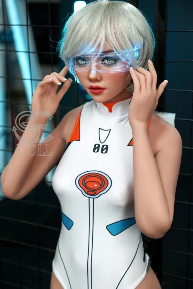 Figure resembling the Kemeny 166cm B Cup #119 SE Doll with short white hair in futuristic outfit and glowing glasses holding frames with both hands