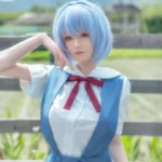 Anime.03 156cm A Cup Fair GameLady sex doll with blue wig in school uniform by wooden fence on sunny day