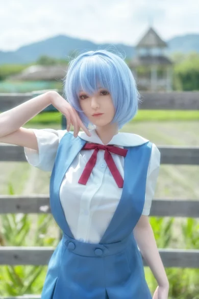 Anime.03 156cm A Cup Fair GameLady sex doll with blue wig in school uniform by wooden fence on sunny day