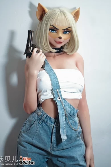 Zana Fox 165cm ElsaBabe love doll with cat ears, blonde bob, denim overalls, and holding a gun.