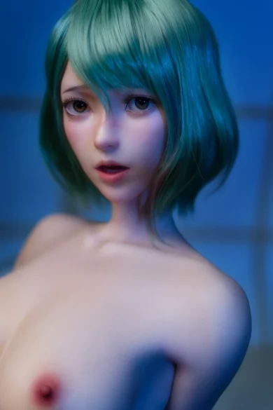 GE107-2 172cm F Cup Fair Skin Zelex love doll with short green hair and detailed facial features against a blue background