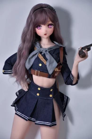 Mogami Nozomi 148cm ElsaBabe S Breasts anime-style sex doll with purple hair, school uniform, and gun against plain background