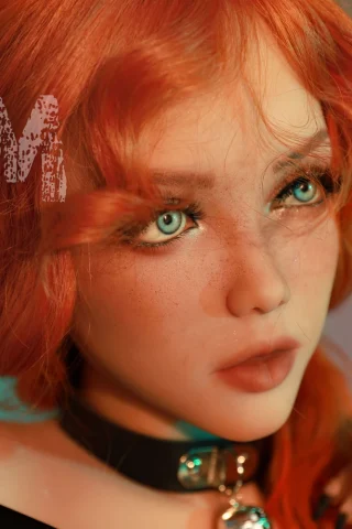 WM Doll 166cm C Cup #398 features light tan skin, blue eyes, and red hair styled in loose waves, wearing a black choker.