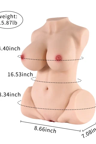Amelia 15.87 lbs TPE torso masturbator displayed with measurements, featuring a smooth skin texture and realistic body contours.