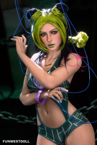 FWD056-10 doll with green hair styled in pigtails, wearing a form-fitting swimsuit, posed with colorful wires in a dark setting.