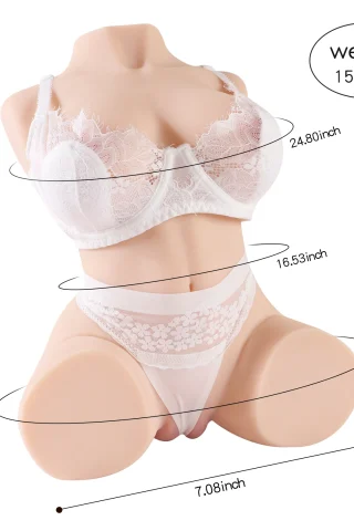 Gabriella 15.4lbs TPE sex doll torso wearing white lace lingerie, displayed in a seated position with measurements indicated.
