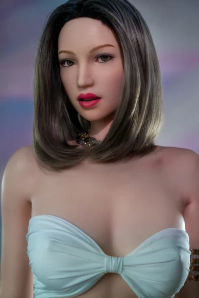 A GE116 175cm E Cup Zelex love doll with dark hair wearing a white strapless top against a blurred background