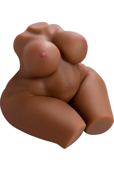 Sculptural piece titled Tabitha 25.4lbs TPE Torso Masturbator with an abstract seated form, exaggerated features, sleek brown finish, resembling a contemporary love doll.