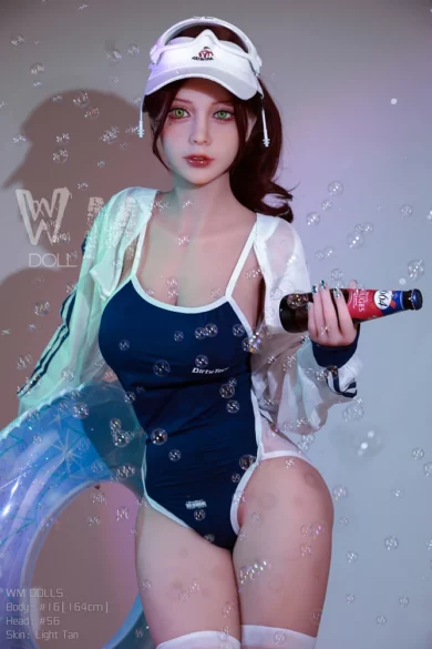 WM Doll 164cm Head 56 F Cup in blue swimsuit, white visor, jacket, holding soda bottle with floating bubbles