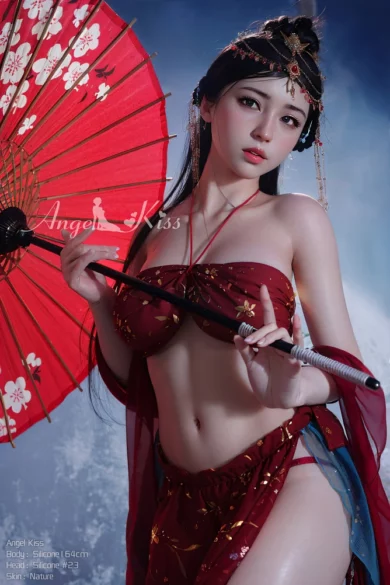 Elegant silicone love doll in a red outfit with parasol and sword against cloudy skies backdrop.