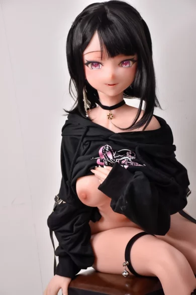 Matsuzaka Erina 148cm ElsaBabe S Breasts love doll with black hair in a dark hoodie seated on a chair in a minimalistic setting