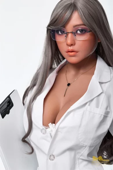 A doll with long gray hair and glasses in a dark-tanned lab coat labeled "S40 164cm E Cup Dark Tanned Irontech" holding a clipboard.