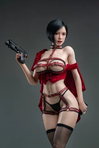 Ada Wong 171cm stands confidently with a pistol, wearing a red outfit with straps and black stockings against a gray background.