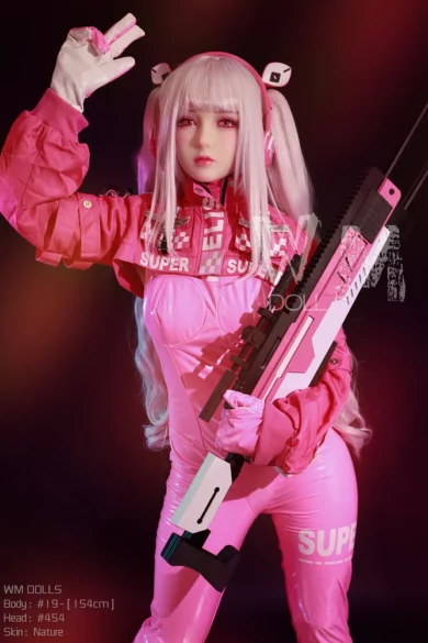 A sex doll in a pink futuristic outfit against a dark background, holding a large white and pink weapon.