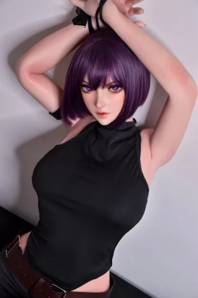 Hirano Rin 165cm doll with purple hair, black sleeveless top, arms raised against gray background.