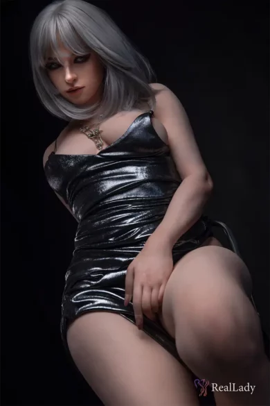 170cm RealLady sex doll in a shiny metallic outfit with long silver hair against a dark background