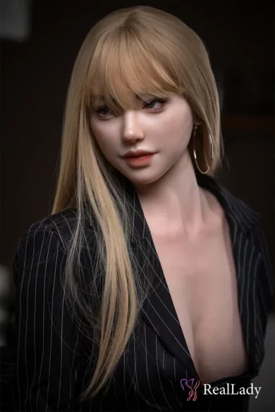 S39 170cm RealLady sex doll wearing a pinstripe blazer and hoop earrings, looking at the camera