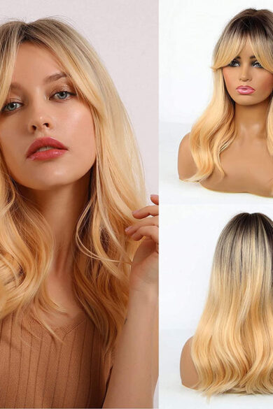 Beautifully crafted love doll with wavy blonde hair wearing an 18-inch gray wavy synthetic wig, showcased from various angles.