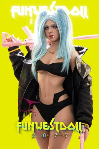 Assos #030 157cm C cup doll wearing a black bikini and oversized jacket, holding pink toy guns against a bright yellow background.