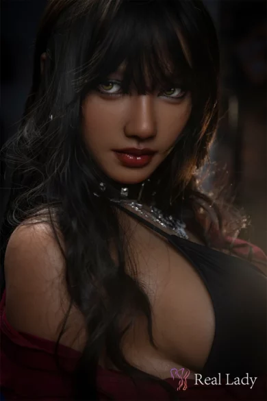 S30 170cm RealLady love doll with long black hair and intense eyes, wearing a dark outfit under dramatic lighting