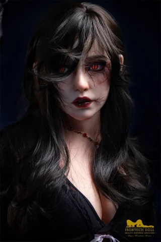 S40 167cm F Cup Irontech doll with long black hair, pale skin, and red eyes, wearing a dark outfit.