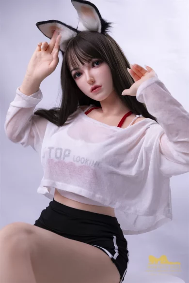 Figure resembling S41 165cm F Cup Irontech dressed in white top and black shorts with bunny ears poses against light background evoking allure of a love doll