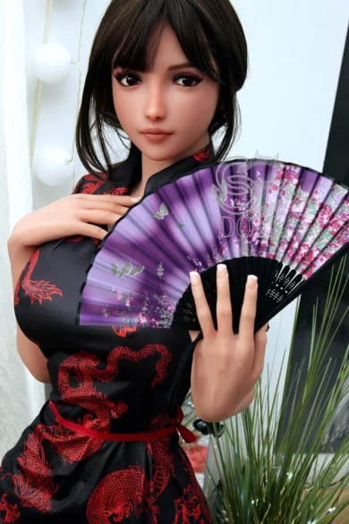 Tracy.B 161cm F Cup SE#L76 sex doll in a black dress with red patterns holds a purple floral fan.