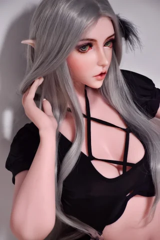 Suzuki Chiyo 160cm features long silver hair, pointed ears, and a black strappy top, posing with a hand in her hair.