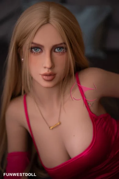 Adele #023 165cm C cup love doll with long blonde hair in a pink top and necklace resting on a soft surface