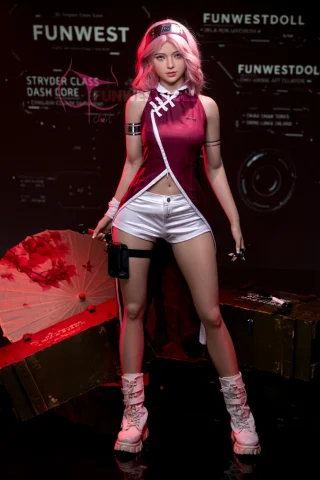 Alice #038 159cm A cup stands confidently in a pink and white outfit, holding an umbrella, with a futuristic backdrop.