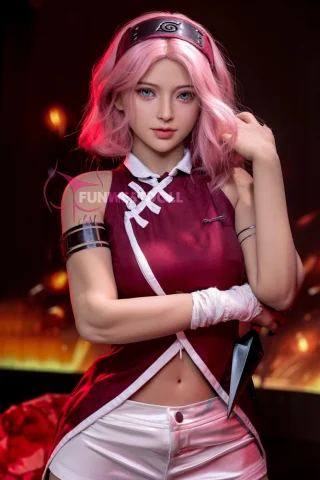 Alice #038 159cm A cup Natural poses with a kunai, wearing a red and white outfit with pink hair.