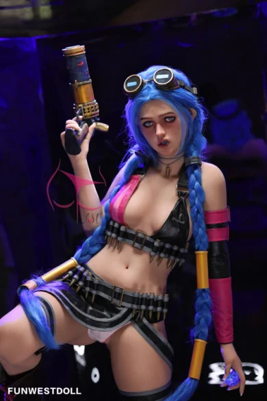 Figure with blue hair and goggles holding a sci-fi weapon, dressed in black and pink with bullet accessories on Assos #030 159cm A cup Natural model