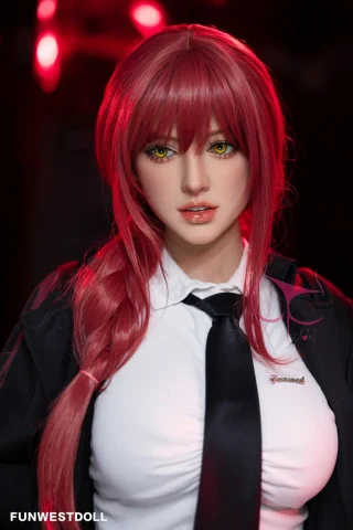 Makima 162cm F cup stands in a black blazer over a white shirt and black tie, with long red hair and green eyes.