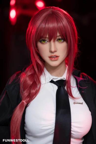 Lifelike Chloe #035 love doll, 162cm, F cup, long red hair, green eyes, wearing white shirt with black tie and blazer