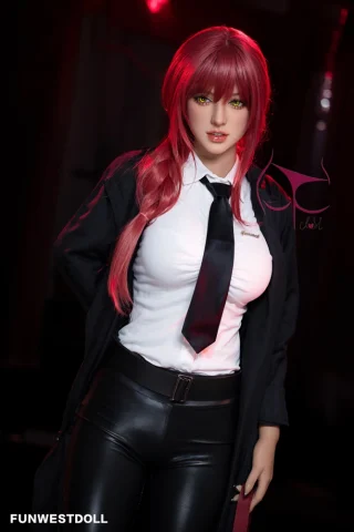 Makima 162cm F cup stands in a black blazer and white shirt with a tie, wearing shiny black pants and long red hair.