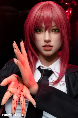 Makima 162cm F cup poses with a bloody hand, wearing a black suit and white shirt, with striking red hair and yellow eyes.