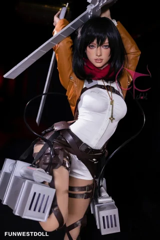 Chloe #035 159cm A cup in a military outfit, holding swords with a red scarf and short black hair.