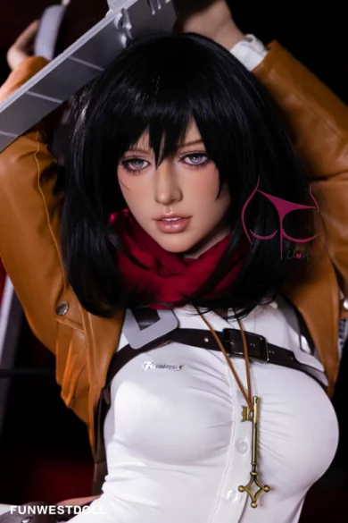 Sex doll with long black hair in brown jacket and red scarf holding a large blade