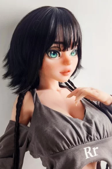 Anime-inspired sex doll with black hair, green eyes, 148cm tall, gray top, looking to the side.