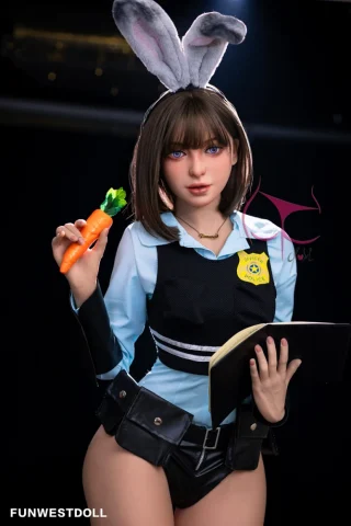 Eudora #031 157cm C cup Natural wearing a police uniform with bunny ears, holding a carrot and a notebook.