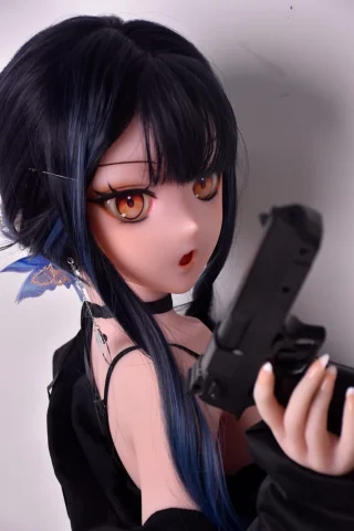 Hosokawa Hitomi 148cm doll with dark hair and orange eyes, holding a black handgun and wearing a black outfit.