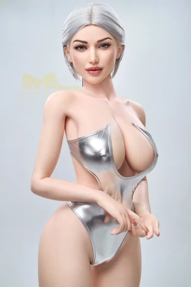 S13 159cm E Cup Irontech TPE love doll with short silver hair in metallic silver swimsuit against plain background