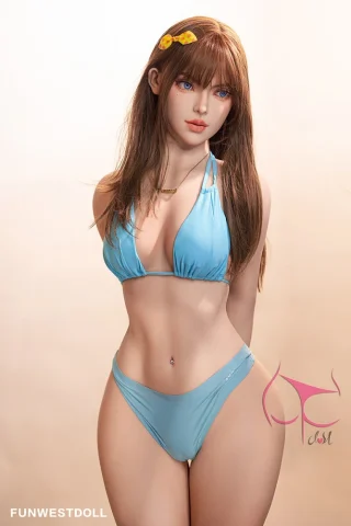 Lexie #026 157cm C cup in a light blue bikini, featuring long brown hair and a floral hair accessory.