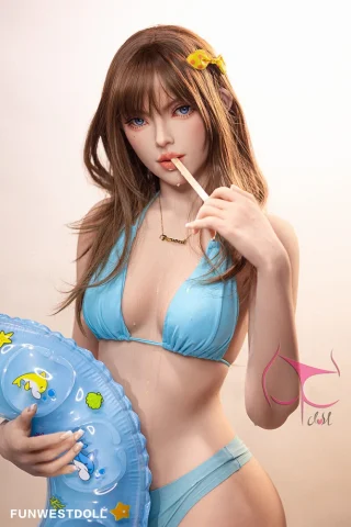Lexie #026 157cm C cup in a blue bikini, holding a drink with a yellow flower in her hair and an inflatable pool ring.